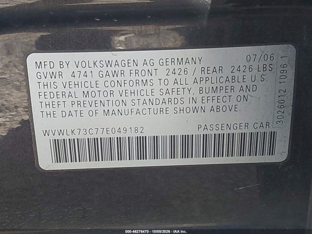 Aukcja sprzedaży 2007 Volkswagen Passat 2.0t, vin: WVWLK73C77E049182, numer aukcji: 46276470