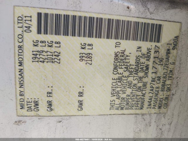 Продаж на аукціоні авто 2011 Nissan Altima 2.5 S, vin: 1N4AL2AP7BC177137, номер лоту: 46276481