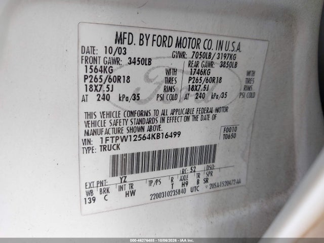 Продаж на аукціоні авто 2004 Ford F-150 Lariat/xlt, vin: 1FTPW12564KB16499, номер лоту: 46276485