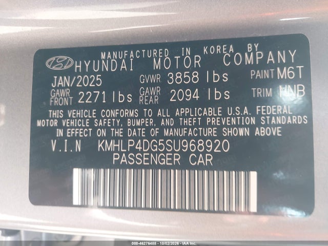 Aukcja sprzedaży 2025 Hyundai Elantra Limited, vin: KMHLP4DG5SU968920, numer aukcji: 46276488