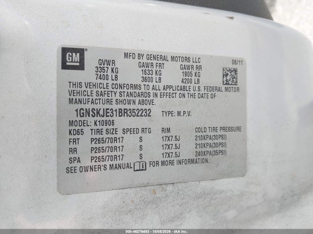 Aukcja sprzedaży 2011 Chevrolet Suburban 1500 Lt1, vin: 1GNSKJE31BR352232, numer aukcji: 46276493