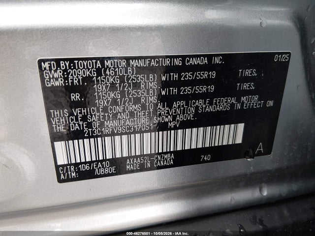 2025 Toyota Rav4 Xle Premium მანქანა იყიდება აუქციონზე, vin: 2T3C1RFV9SC317051, აუქციონის ნომერი: 46276501
