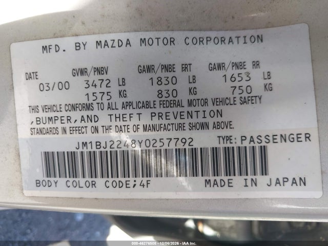 Продажа на аукционе авто 2000 Mazda Protege Dx/lx, vin: JM1BJ2248Y0257792, номер лота: 46276508