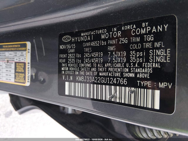 Aukcja sprzedaży 2016 Hyundai Tucson Sport, vin: KM8J33A22GU124766, numer aukcji: 46276522