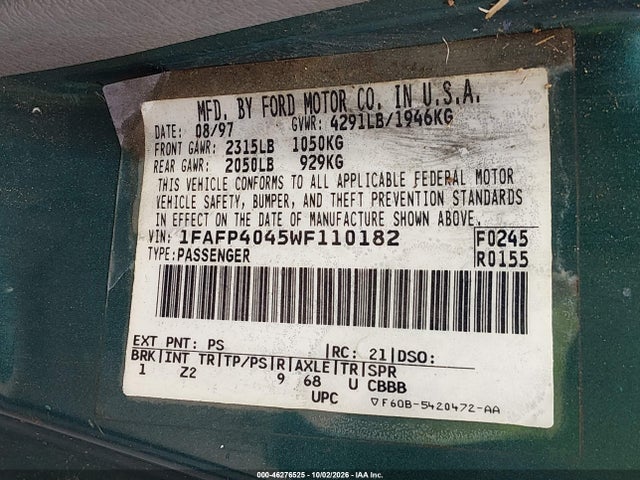 Продажа на аукционе авто 1998 Ford Mustang, vin: 1FAFP4045WF110182, номер лота: 46276525