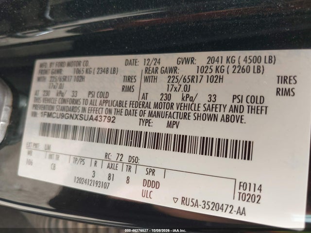 46276527 :رقم المزاد ، 1FMCU9GNXSUA43792 vin ، 2025 Ford Escape Active مزاد بيع