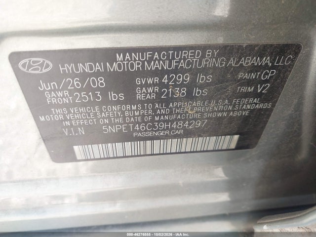 Продажа на аукционе авто 2009 Hyundai Sonata Gls, vin: 5NPET46C39H484297, номер лота: 46276555