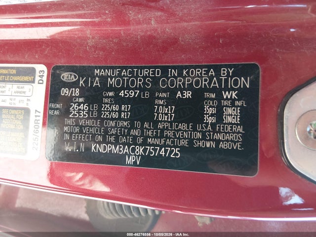 Продажа на аукционе авто 2019 Kia Sportage Lx, vin: KNDPM3AC8K7574725, номер лота: 46276556