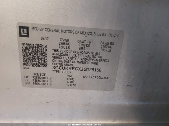 Aukcja sprzedaży 2018 Chevrolet Silverado 1500 1lt, vin: 3GCUKRECXJG128150, numer aukcji: 46276569
