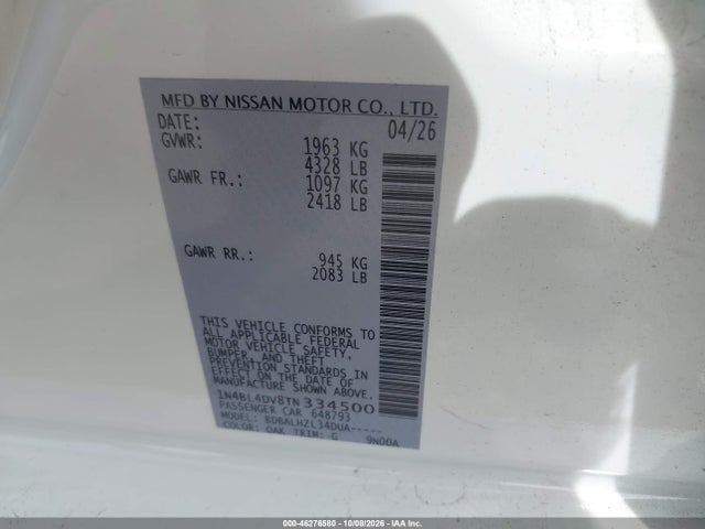 Auction sale of the 2026 Nissan Altima Sv Fwd, vin: 1N4BL4DV8TN334500, lot number: 46276580