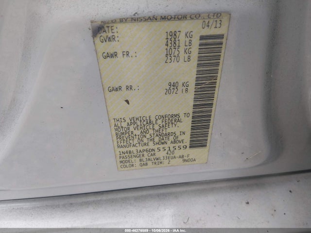 46276589 :رقم المزاد ، 1N4BL3AP6DN551559 vin ، 2013 Nissan Altima 3.5 Sl مزاد بيع