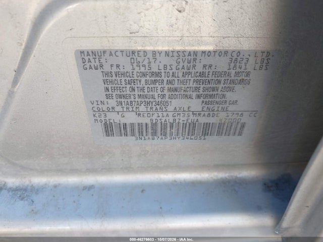 Продаж на аукціоні авто 2017 Nissan Sentra S, vin: 3N1AB7AP3HY346051, номер лоту: 46276603