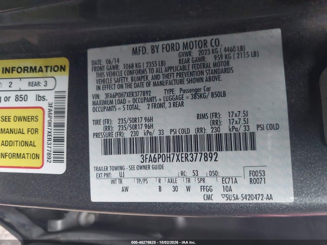 46276625 :رقم المزاد ، 3FA6P0H7XER377892 vin ، 2014 Ford Fusion Se مزاد بيع