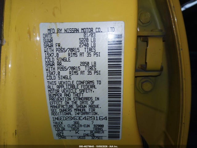 Aukcja sprzedaży 2003 Nissan Frontier Xe-v6, vin: 1N6ED29X63C429164, numer aukcji: 46276645