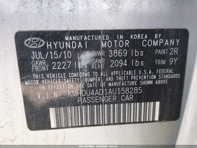 Aukcja sprzedaży 2010 Hyundai Elantra Gls, vin: KMHDU4AD1AU158285, numer aukcji: 46276655