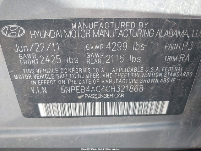 Продаж на аукціоні авто 2012 Hyundai Sonata Gls, vin: 5NPEB4AC4CH321868, номер лоту: 46276664