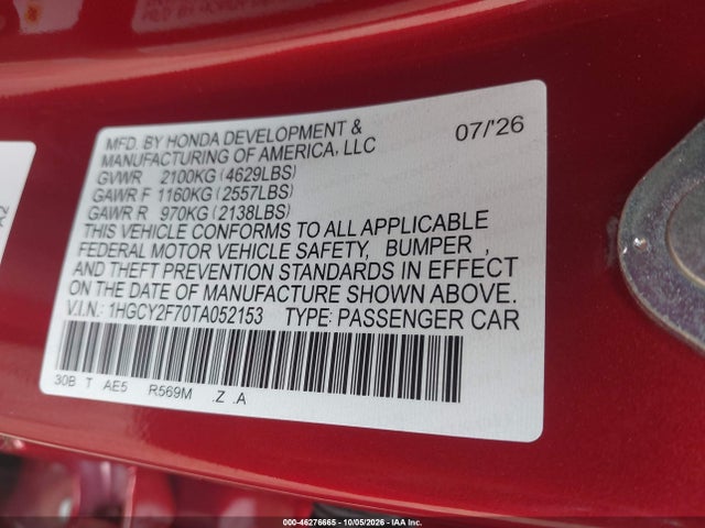 Продаж на аукціоні авто 2026 Honda Accord Hybrid Sport-l, vin: 1HGCY2F70TA052153, номер лоту: 46276665