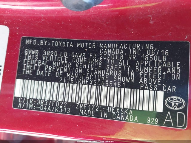 Aukcja sprzedaży 2016 Toyota Corolla S Plus, vin: 2T1BURHEXGC695461, numer aukcji: 46276669