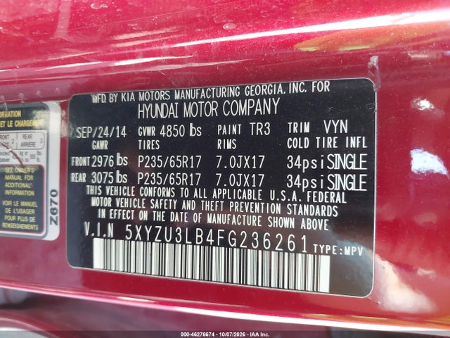 Продаж на аукціоні авто 2015 Hyundai Santa Fe Sport 2.4l, vin: 5XYZU3LB4FG236261, номер лоту: 46276674