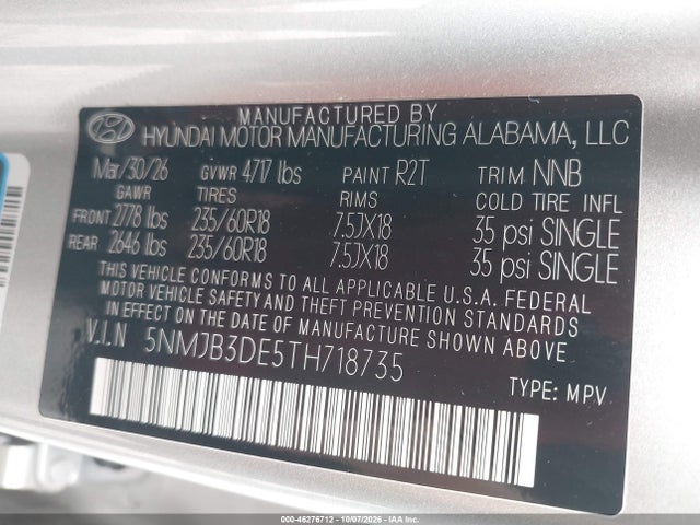 Продаж на аукціоні авто 2026 Hyundai Tucson Sel, vin: 5NMJB3DE5TH718735, номер лоту: 46276712