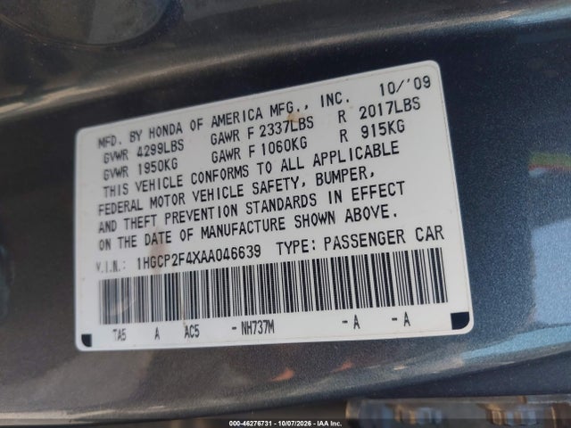 46276731 :رقم المزاد ، 1HGCP2F4XAA046639 vin ، 2010 Honda Accord 2.4 Lx-p مزاد بيع