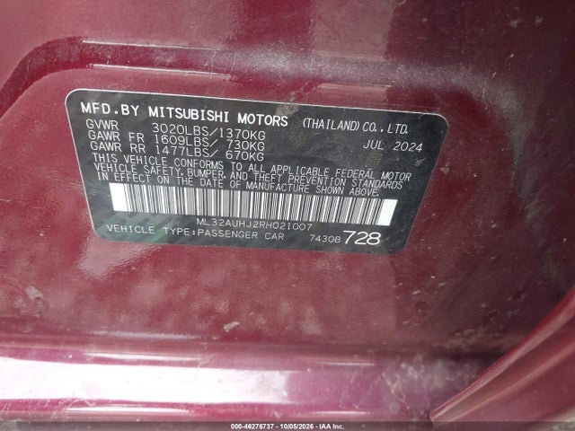 46276737 :رقم المزاد ، ML32AUHJ2RH021007 vin ، 2024 Mitsubishi Mirage Es/le مزاد بيع