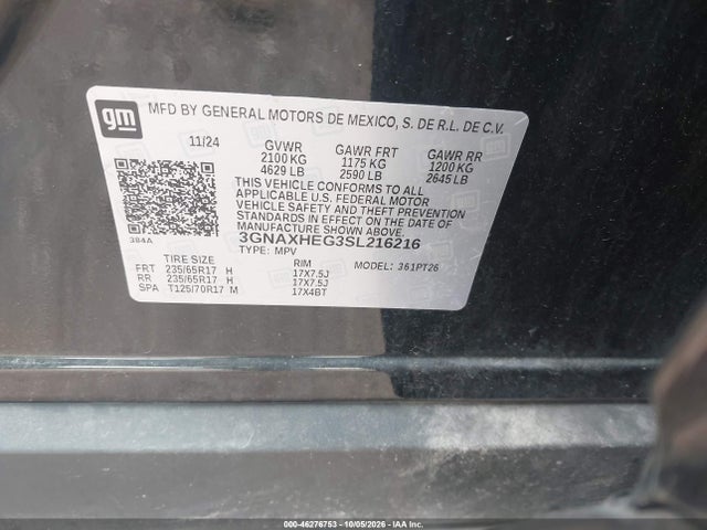 46276753 :رقم المزاد ، 3GNAXHEG3SL216216 vin ، 2025 Chevrolet Equinox Fwd Lt مزاد بيع