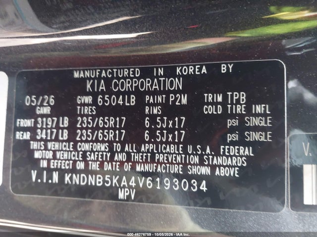 Aukcja sprzedaży 2027 Kia Carnival, vin: KNDNB5KA4V6193034, numer aukcji: 46276759