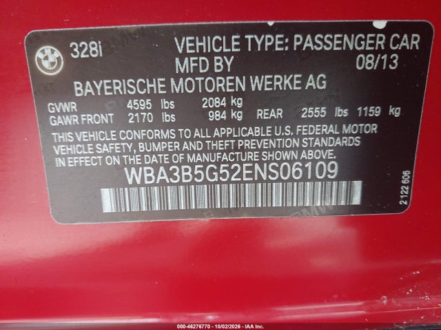 2014 Bmw 328i Xdrive მანქანა იყიდება აუქციონზე, vin: WBA3B5G52ENS06109, აუქციონის ნომერი: 46276770