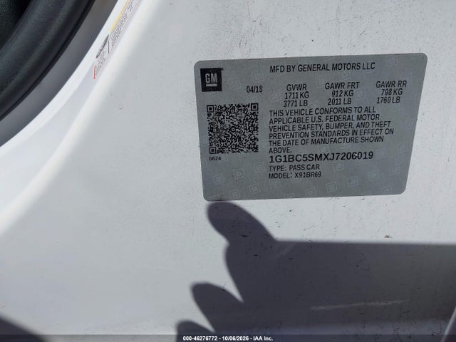 Aukcja sprzedaży 2018 Chevrolet Cruze Ls Auto, vin: 1G1BC5SMXJ7206019, numer aukcji: 46276772