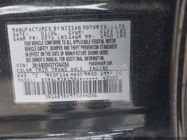 2026 Nissan Sentra Sr მანქანა იყიდება აუქციონზე, vin: 3N1AB9DV9TY244056, აუქციონის ნომერი: 46276777