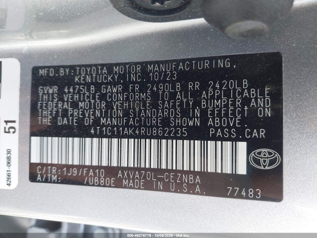 Aukcja sprzedaży 2024 Toyota Camry Le, vin: 4T1C11AK4RU862235, numer aukcji: 46276779