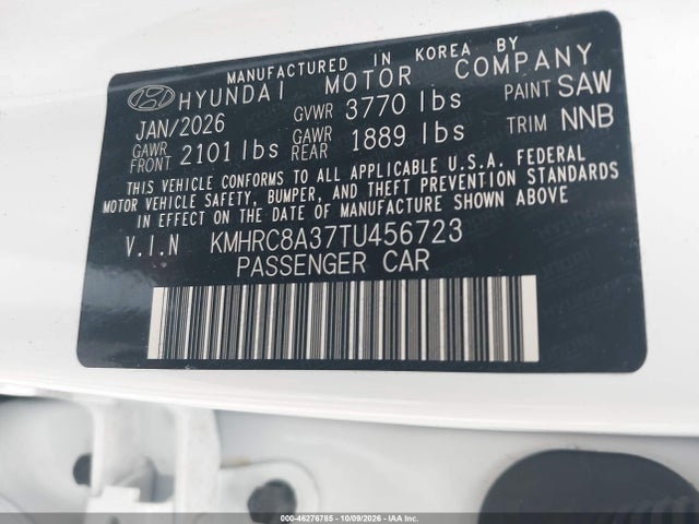 46276785 :رقم المزاد ، KMHRC8A37TU456723 vin ، 2026 Hyundai Venue Sel مزاد بيع