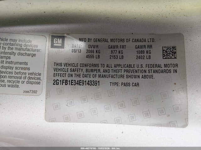 46276788 :رقم المزاد ، 2G1FB1E34E9143391 vin ، 2014 Chevrolet Camaro 1lt مزاد بيع