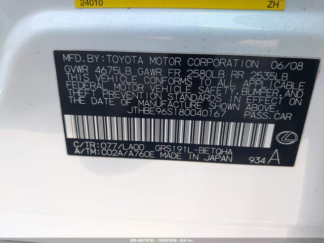 2008 Lexus Gs 350 მანქანა იყიდება აუქციონზე, vin: JTHBE96S180040167, აუქციონის ნომერი: 46276792