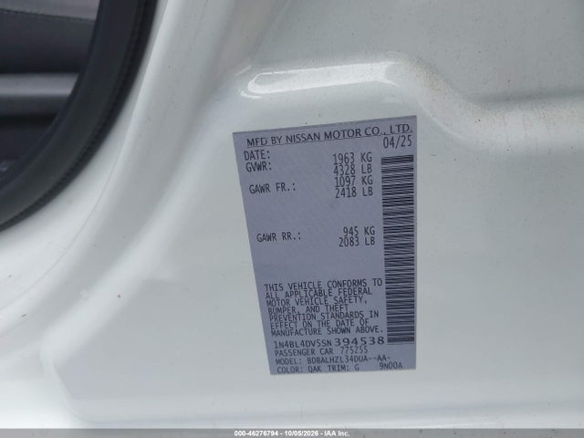 2025 Nissan Altima Sv Fwd მანქანა იყიდება აუქციონზე, vin: 1N4BL4DV5SN394538, აუქციონის ნომერი: 46276794