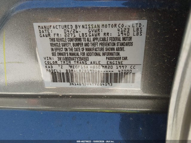 2026 Nissan Sentra Sr მანქანა იყიდება აუქციონზე, vin: 3N1AB9DV4TY284593, აუქციონის ნომერი: 46276822