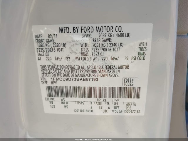 Aukcja sprzedaży 2011 Ford Escape Xlt, vin: 1FMCU9D73BKB67193, numer aukcji: 46276828