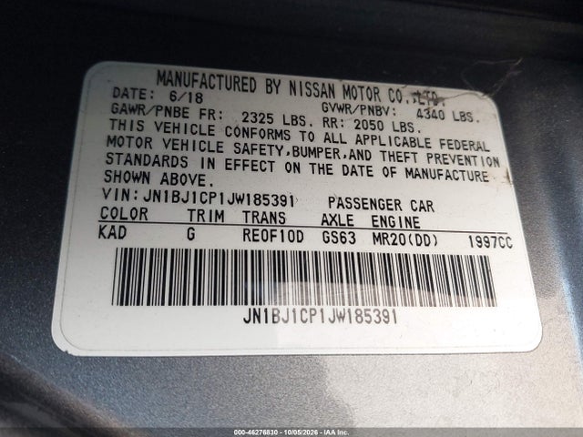 2018 Nissan Rogue Sport S მანქანა იყიდება აუქციონზე, vin: JN1BJ1CP1JW185391, აუქციონის ნომერი: 46276830