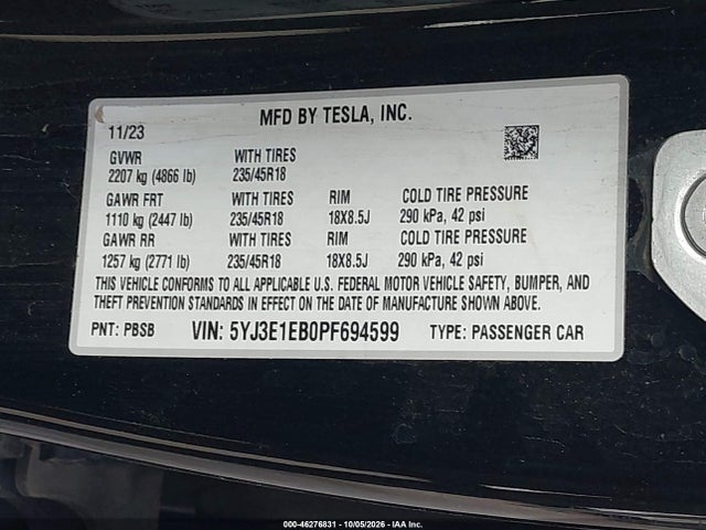5YJ3E1EB0PF694599 Tesla Model 3 Long Range Dual Motor All-wheel Drive