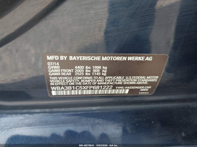 Aukcja sprzedaży 2015 Bmw 320i, vin: WBA3B1C5XFP681222, numer aukcji: 46276842