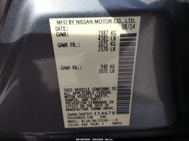 Продаж на аукціоні авто 2015 Nissan Altima 3.5 Sl, vin: 1N4BL3AP3FC154678, номер лоту: 46276843