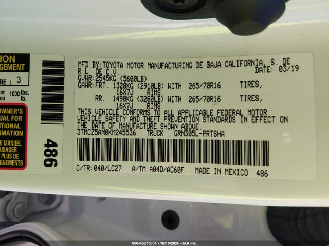 3TMCZ5AN0KM245536 Toyota Tacoma Trd Off Road