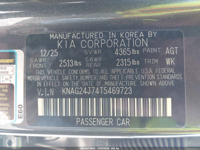 46276852 :رقم المزاد ، KNAG24J74T5469723 vin ، 2026 Kia K5 Lxs Fwd مزاد بيع