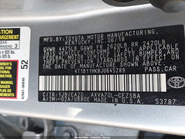 Aukcja sprzedaży 2018 Toyota Camry Se, vin: 4T1B11HK8JU645289, numer aukcji: 46276854