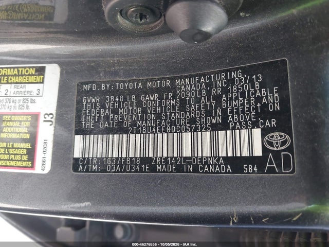 46276856 :رقم المزاد ، 2T1BU4EE8DC057325 vin ، 2013 Toyota Corolla Le مزاد بيع