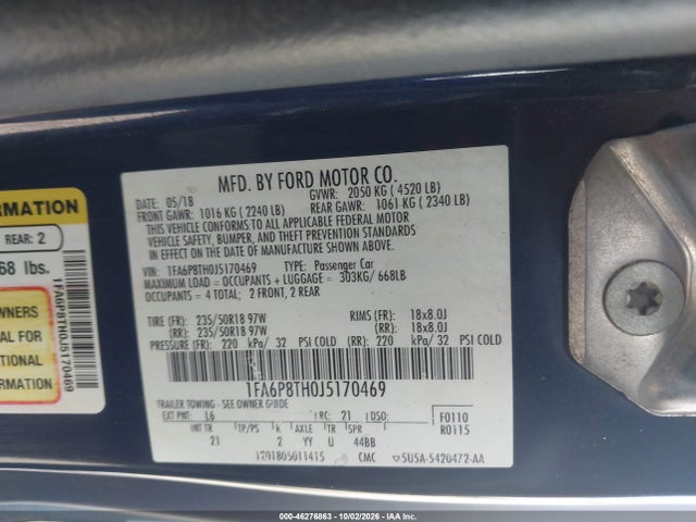 Продаж на аукціоні авто 2018 Ford Mustang Ecoboost, vin: 1FA6P8TH0J5170469, номер лоту: 46276863