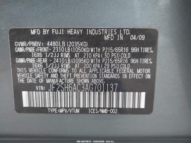 2010 Subaru Forester 2.5x მანქანა იყიდება აუქციონზე, vin: JF2SH6AC3AG701137, აუქციონის ნომერი: 46276875