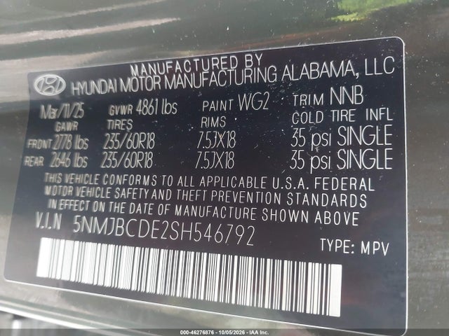 46276876 :رقم المزاد ، 5NMJBCDE2SH546792 vin ، 2025 Hyundai Tucson Sel مزاد بيع