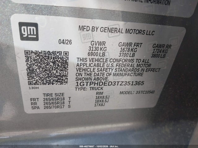 Aukcja sprzedaży 2026 Gmc Sierra 1500 , Short Bed, Slt, Rwd, vin: 1GTPHDED3TZ351365, numer aukcji: 46276887
